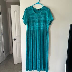 Vintage peasant Teal Short Sleeve Midi Dress